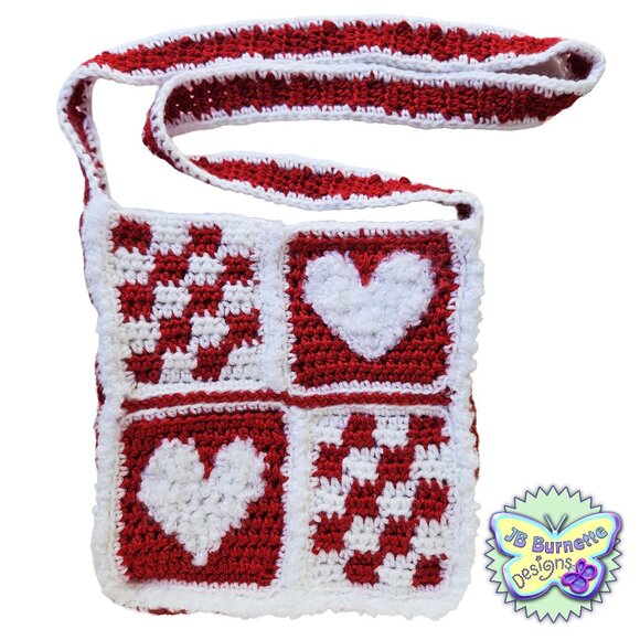 Homemade Crochet Hearts and Checks Crossbody Bag, Cute Purse - Picture 6 of 11